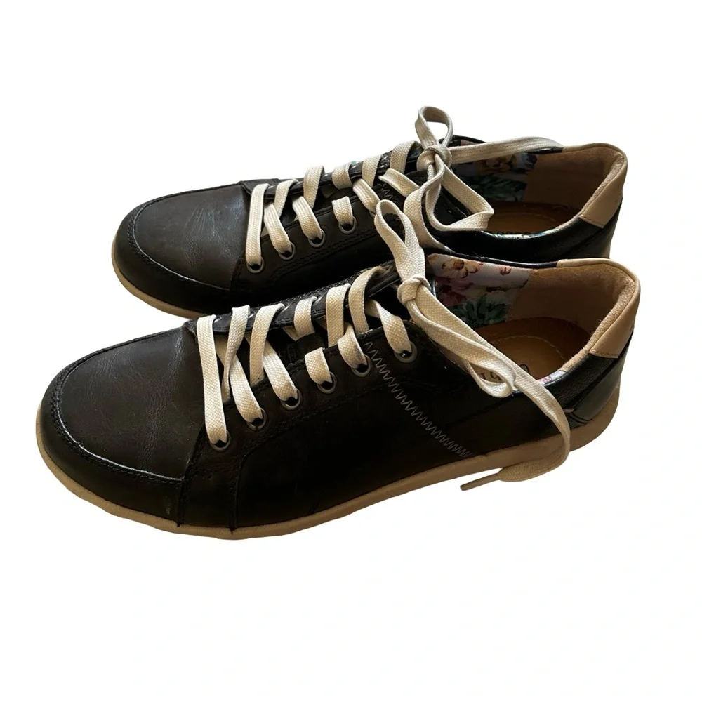 Cobb Hill By Rockport Amalie Black Cream Leather Tennis Laced Shoes Size 9